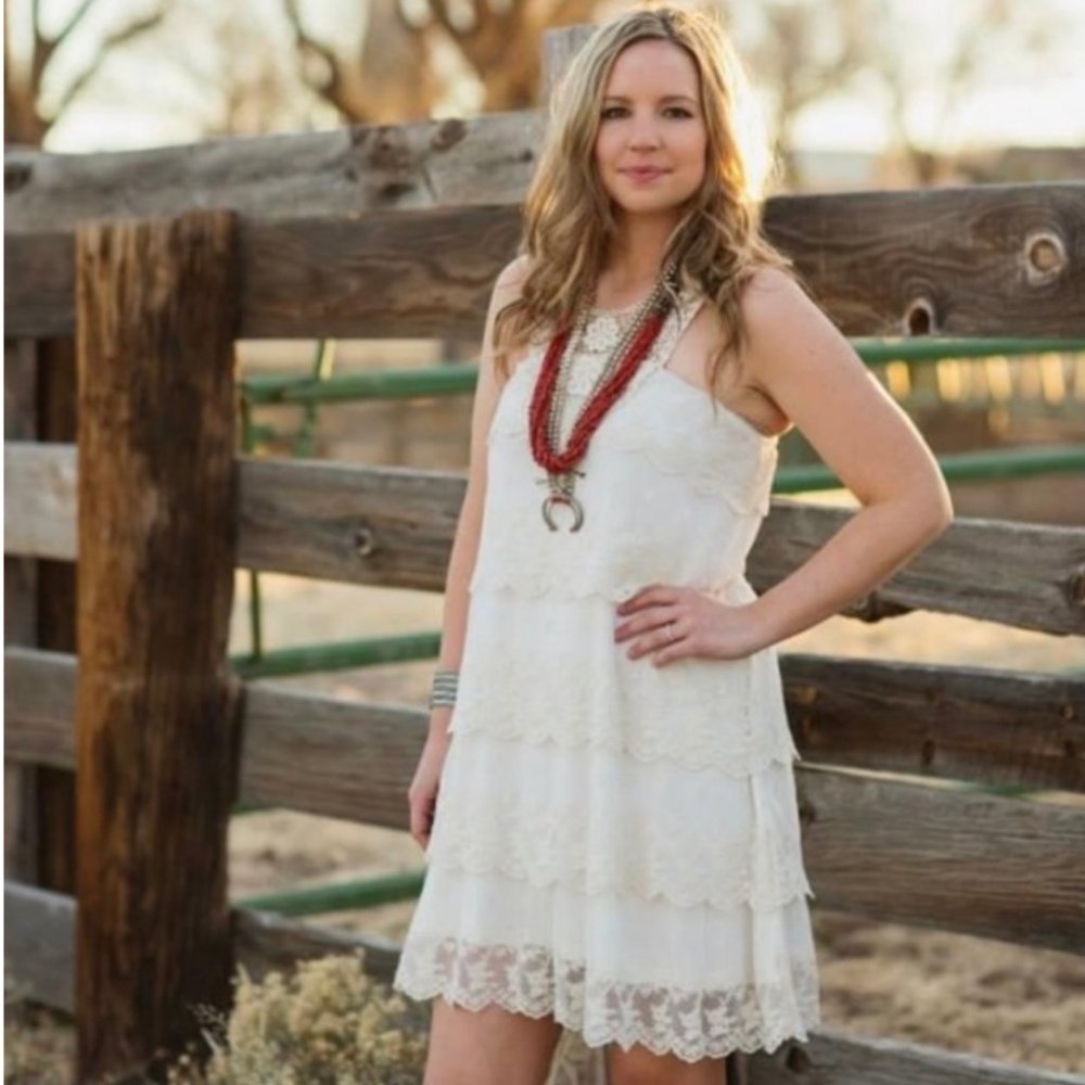 RANCHO ESTANCIA Lace Ivory Mini Boho Dress
